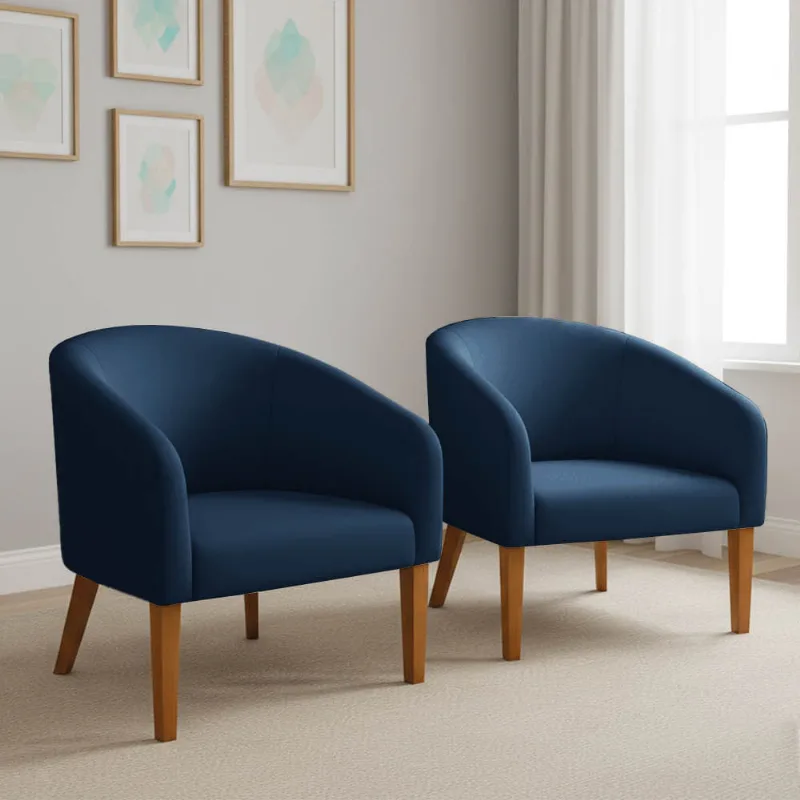 Poltrona Sala Decorativa Kit 2 Stella Pé Madeira Trapézio Castanho Suede Azul Marinho D03 - D'Rossi