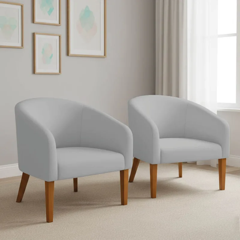 Poltrona Sala Decorativa Kit 2 Stella Pé Madeira Trapézio Castanho Suede Cinza D03 - D'Rossi