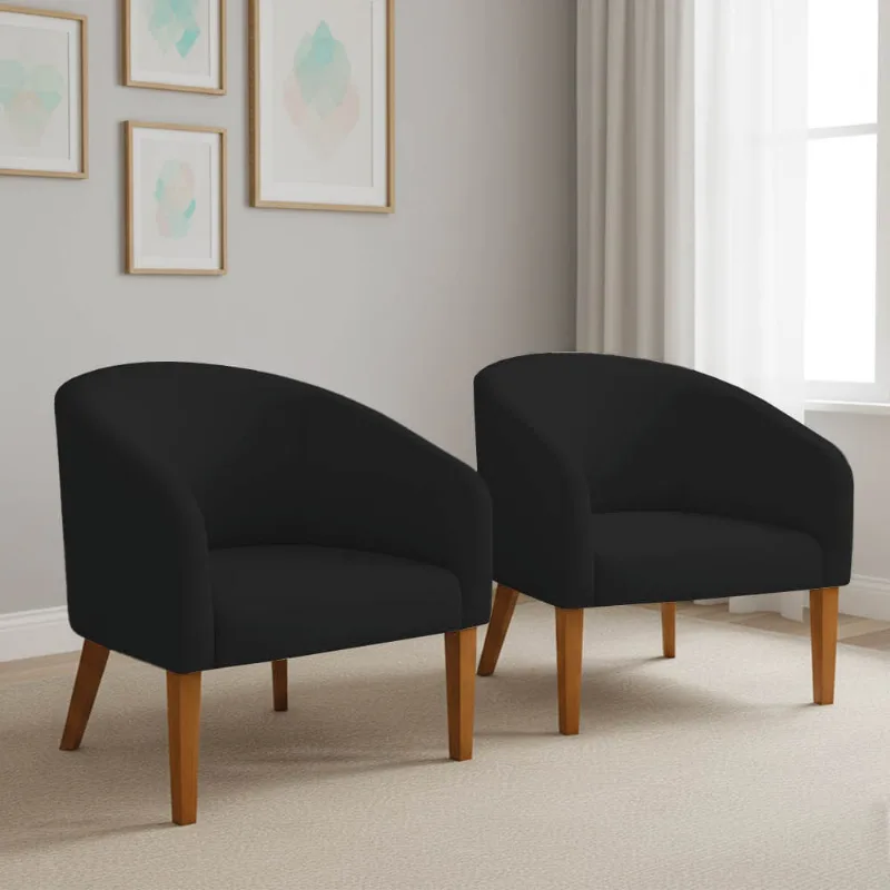 Poltrona Sala Decorativa Kit 2 Stella Pé Madeira Trapézio Castanho Suede Preto D03 - D'Rossi