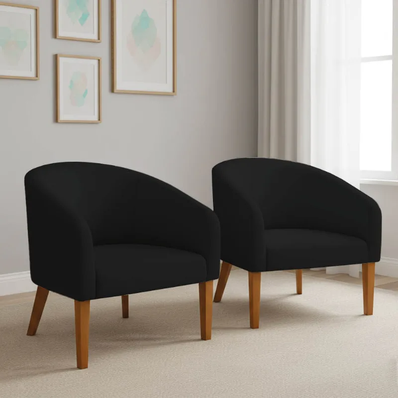 Poltrona Sala Decorativa Kit 2 Stella Pé Madeira Trapézio Castanho Veludo Preto D03 - D'Rossi