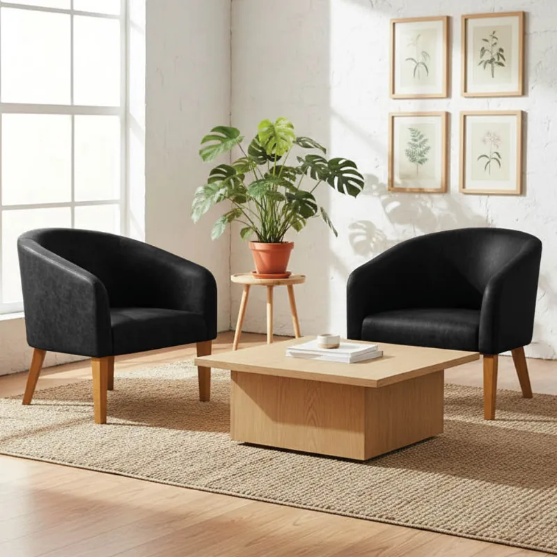Poltrona Sala Decorativa Kit 2 Stella Pé Madeira Trapézio Castanho Sintético PU Preto D03 - D'Rossi