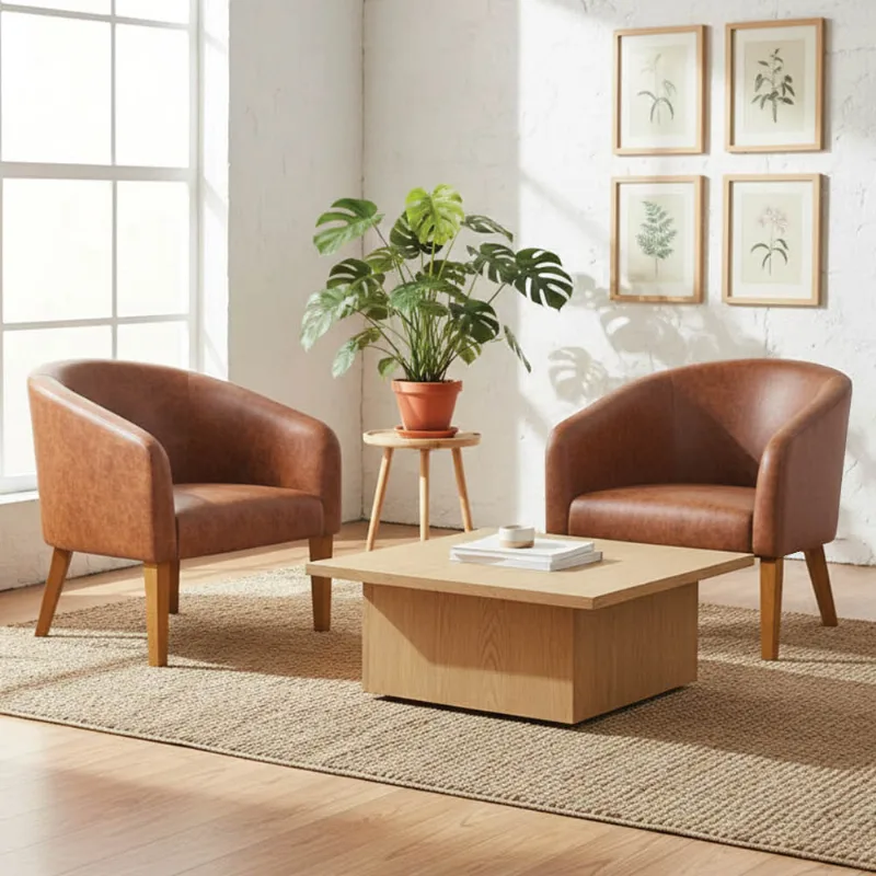 Poltrona Sala Decorativa Kit 2 Stella Pé Madeira Trapézio Castanho Sintético PU Nozes D03 - D'Rossi
