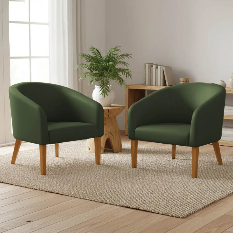 Poltrona Sala Decorativa Kit 2 Stella Pé Madeira Trapézio Castanho Sintético PU Verde D03 - D'Rossi