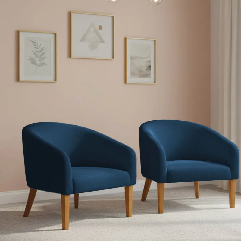Poltrona Sala Decorativa Kit 2 Stella Pé Madeira Trapézio Castanho Bouclê Azul D03 - D'Rossi