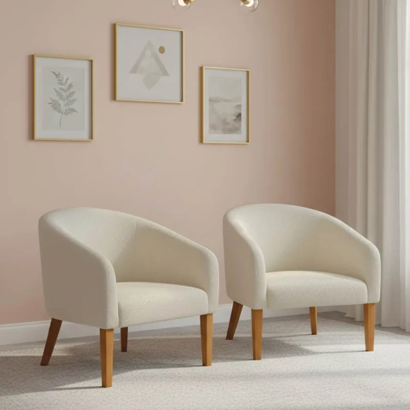 Poltrona Sala Decorativa Kit 2 Stella Pé Madeira Trapézio Castanho Bouclê Bege D03 - D'Rossi