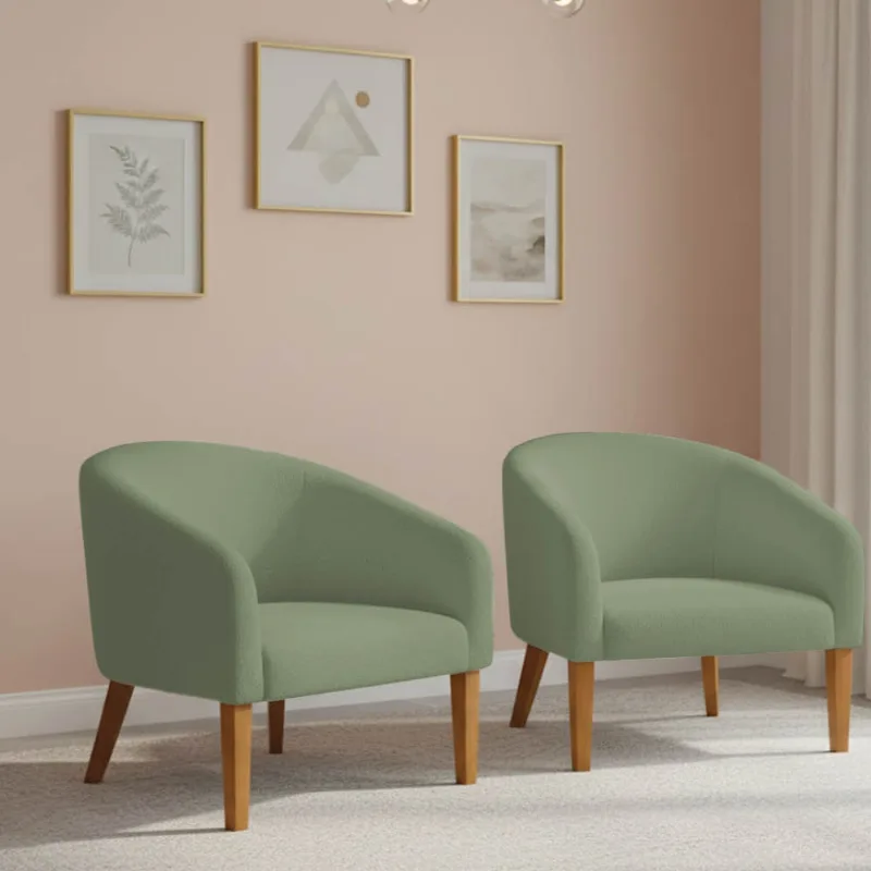 Poltrona Sala Decorativa Kit 2 Stella Pé Madeira Trapézio Castanho Bouclê Pistache D03 - D'Rossi