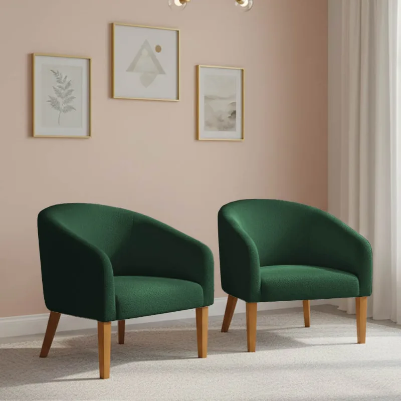 Poltrona Sala Decorativa Kit 2 Stella Pé Madeira Trapézio Castanho Bouclê Verde D03 - D'Rossi