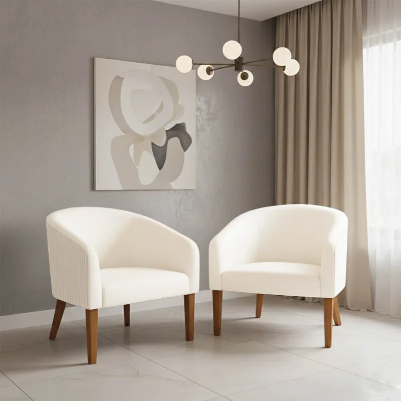 Poltrona Sala Decorativa Kit 2 Stella Pé Madeira Trapézio Castanho Cotelê Ext/Veludo Bege D03 - D'Rossi