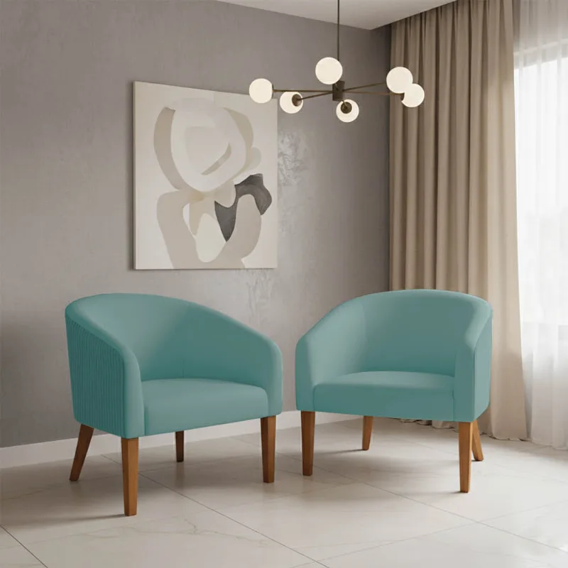Poltrona Sala Decorativa Kit 2 Stella Pé Madeira Trapézio Castanho Cotelê Ext/Veludo Menta D03 - D'Rossi