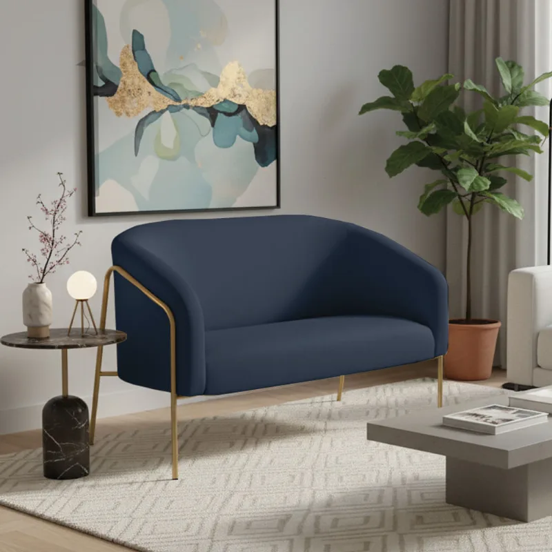 Sofá 2 Lugares Namoradeira Stella Base Industrial Alta Dourada Suede Azul Marinho D03 - D'Rossi
