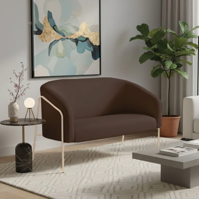 Sofá 2 Lugares Namoradeira Stella Base Industrial Alta Dourada Suede Marrom D03 - D'Rossi