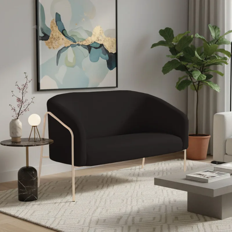 Sofá 2 Lugares Namoradeira Stella Base Industrial Alta Dourada Suede Preto D03 - D'Rossi
