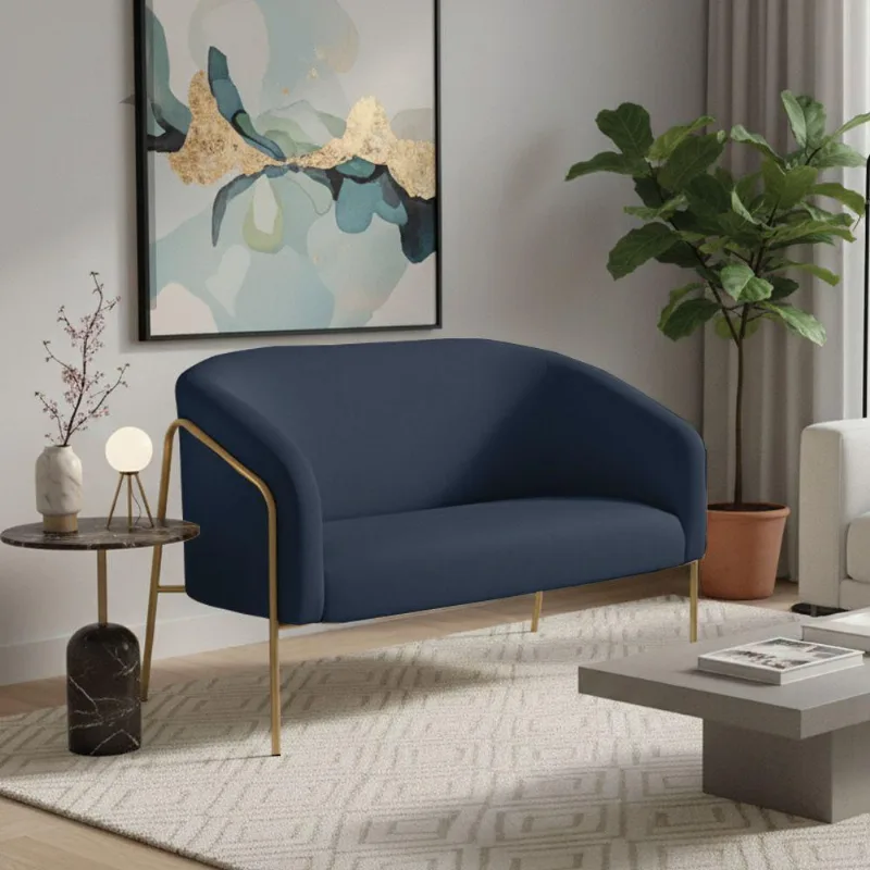 Sofá 2 Lugares Namoradeira Stella Base Industrial Alta Dourada Suede D03 - D'rossi Azul Marinho