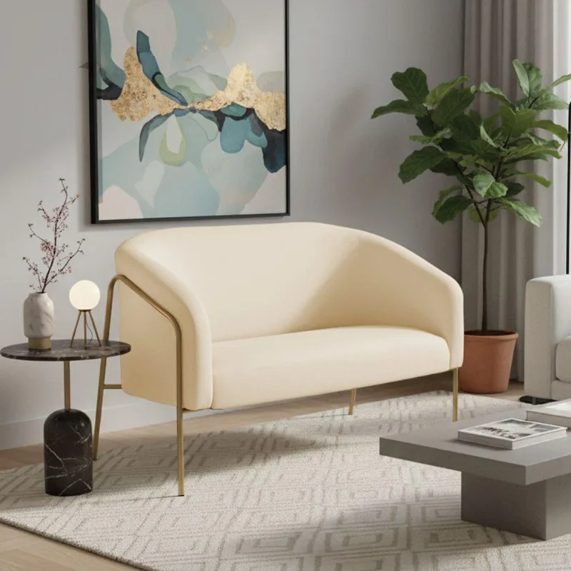 Sofá 2 Lugares Namoradeira Stella Base Industrial Alta Dourada Suede D03 - D'rossi Bege