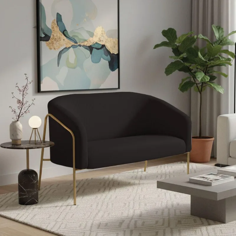 Sofá 2 Lugares Namoradeira Stella Base Industrial Alta Dourada Suede D03 - D'rossi Preto