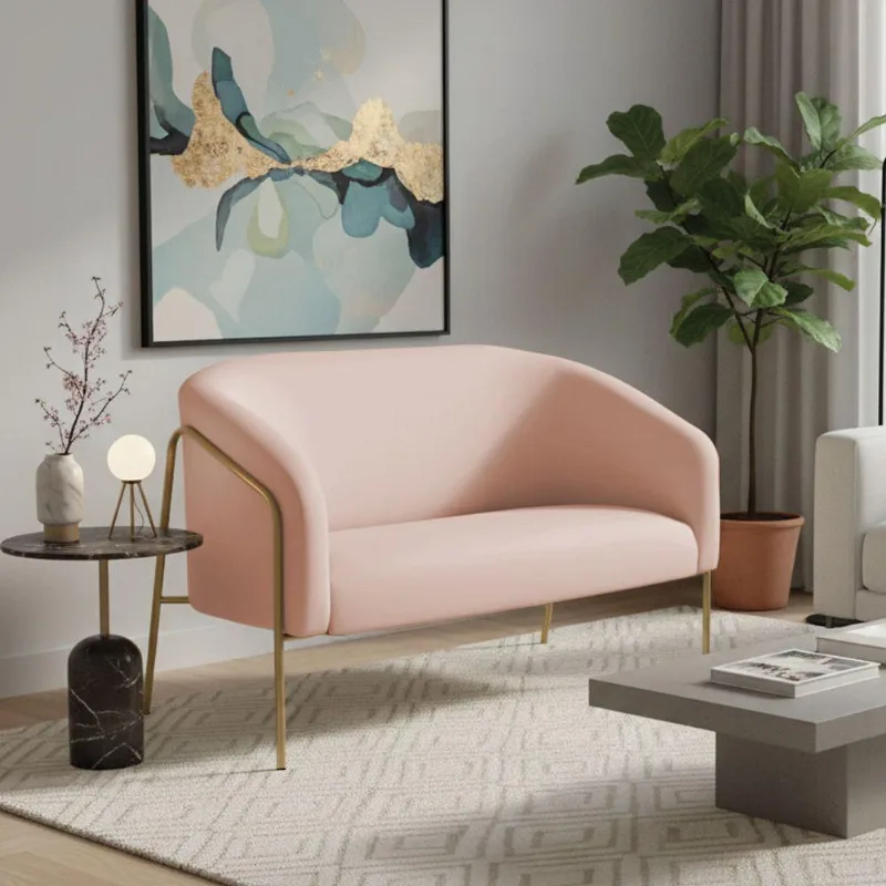 Sofá 2 Lugares Namoradeira Stella Base Industrial Alta Dourada Veludo D03 - D'rossi Cor Rose