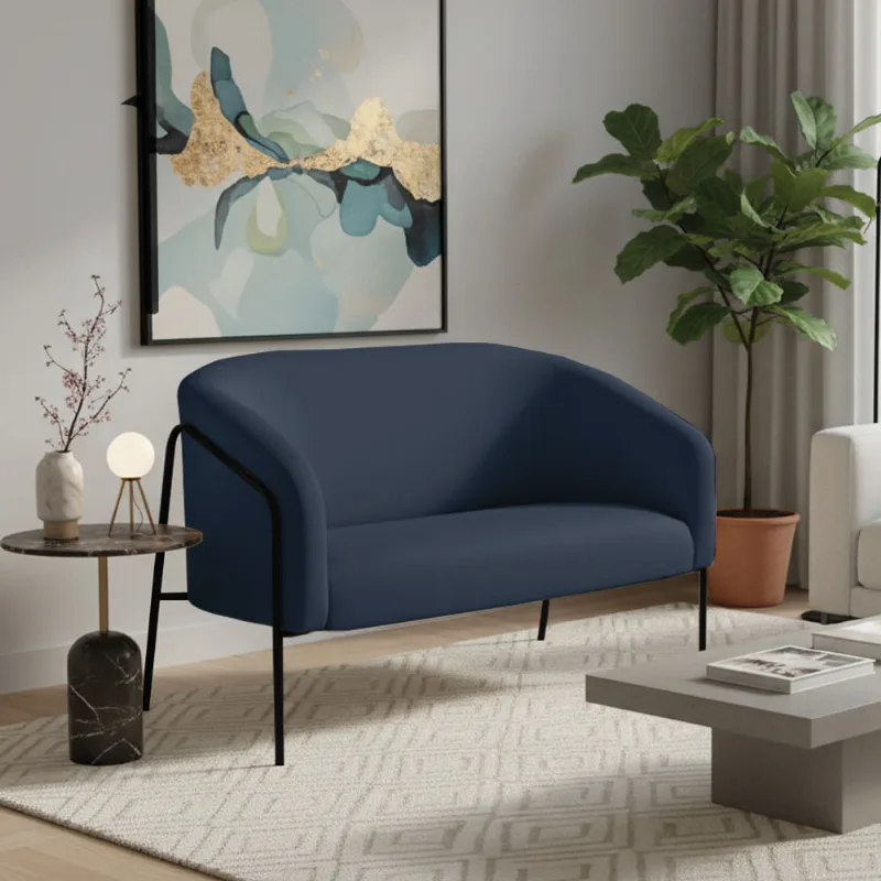 Sofá 2 Lugares Namoradeira Stella Base Industrial Alta Preta Suede Azul Marinho D03 - D'Rossi