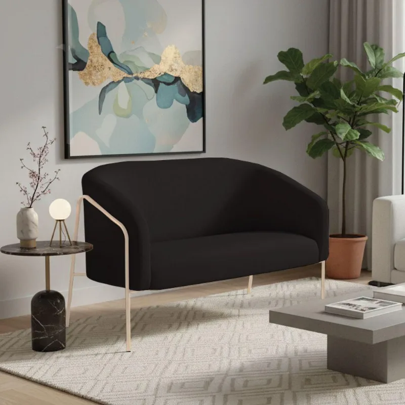 Sofá 2 Lugares Namoradeira Stella Base Industrial Alta Champanhe Suede D03 - D'rossi Preto