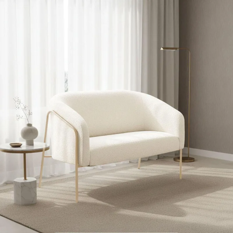 Sofá 2 Lugares Namoradeira Stella Base Industrial Alta Champanhe Bouclê D03 - D'rossi Cor Off White