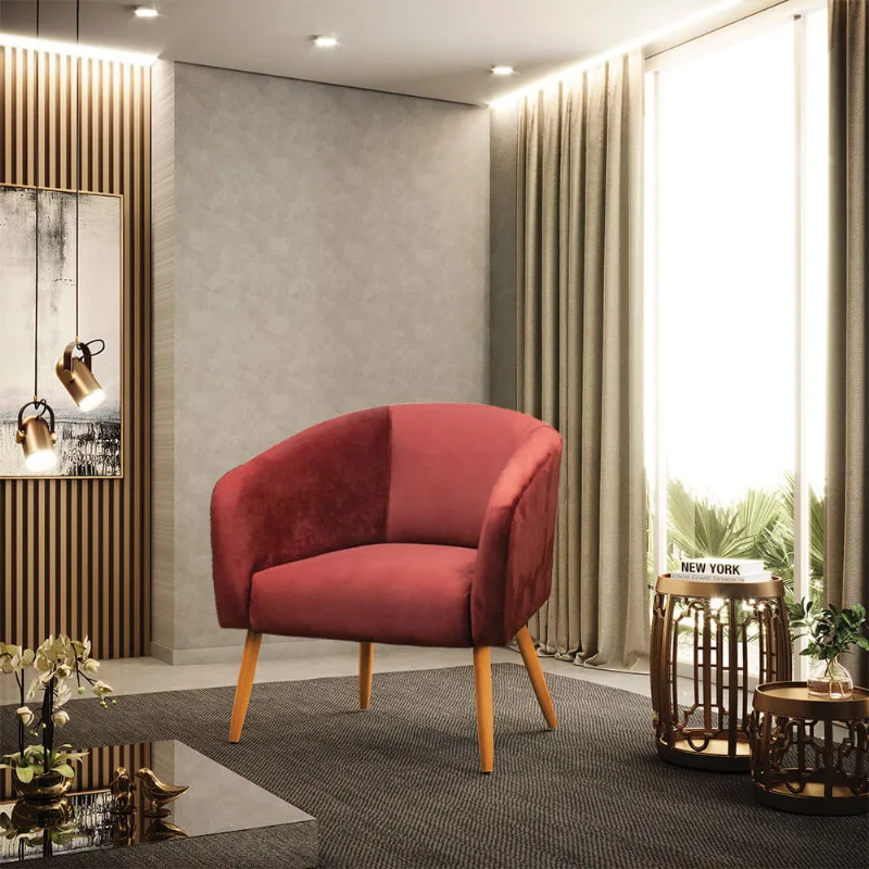 Poltrona Sala Decorativa Stella Pé Palito Castanho Veludo Marsala D03 - D'Rossi