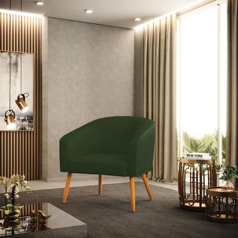 Poltrona Sala Decorativa Stella Pé Palito Castanho Sintético PU Verde D03 - D'Rossi