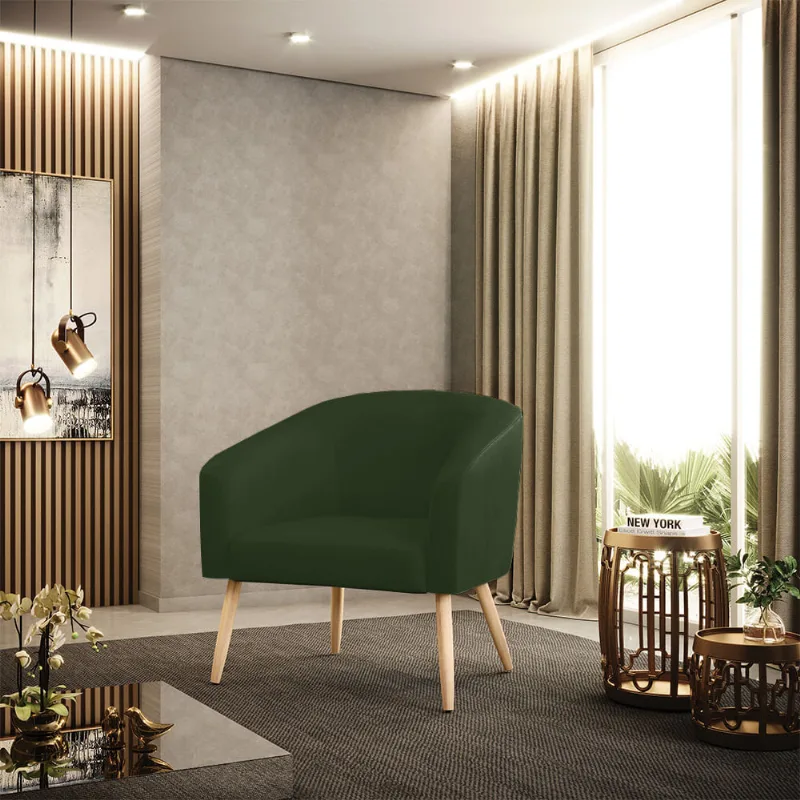 Poltrona Sala Decorativa Stella Pé Palito Natural Sintético PU Verde D03 - D'Rossi