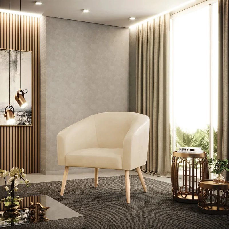 Poltrona Sala Decorativa Stella Pé Palito Natural Sintético PU Bege D03 - D'Rossi