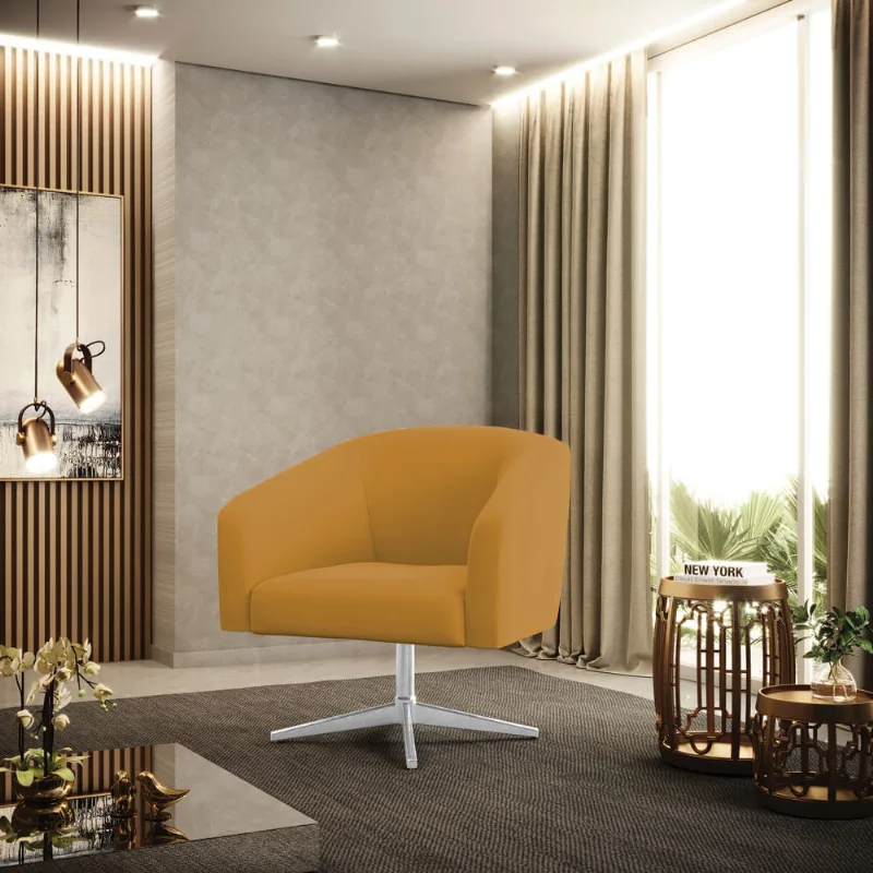 Poltrona Sala Decorativa Stella Base Giratória Cromada Veludo Mostarda D03 - D'Rossi