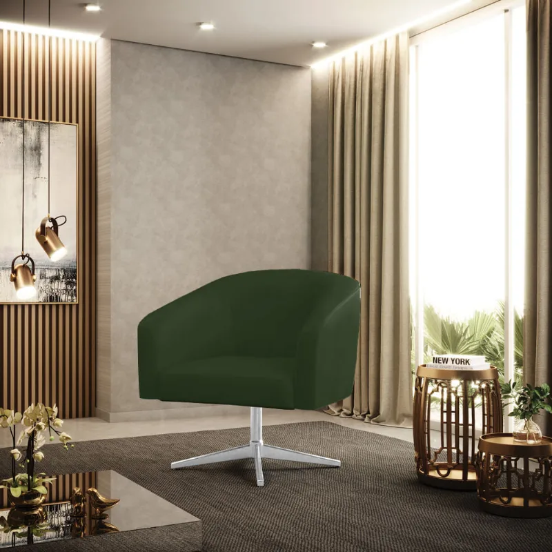 Poltrona Sala Decorativa Stella Giratória Cromada Sintético PU Verde D03 - D'Rossi