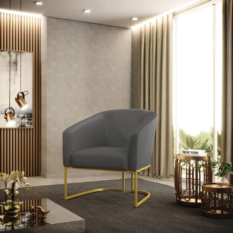 Poltrona Sala Decorativa Stella Base Industrial Dourada Sintético Grafite D03 - D'Rossi