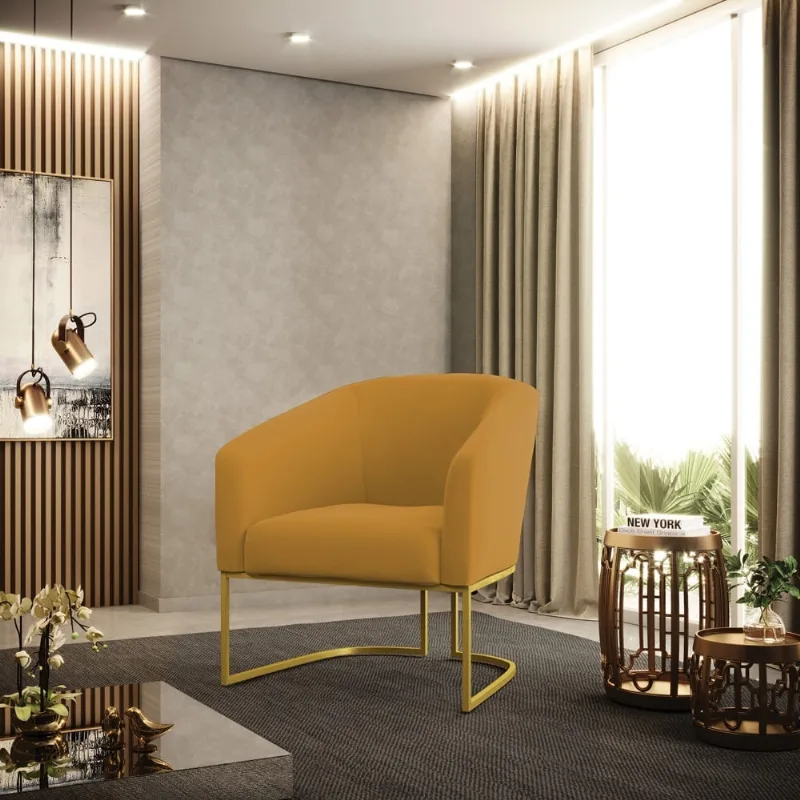 Poltrona Stella Veludo Base Metálica Industrial Dourado - D'Rossi Mostarda