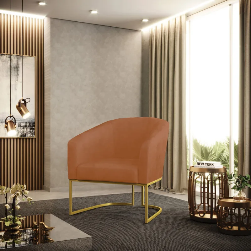 Poltrona Sala Decorativa Stella Base Industrial Dourada Sintético PU Whisky D03 - D'Rossi
