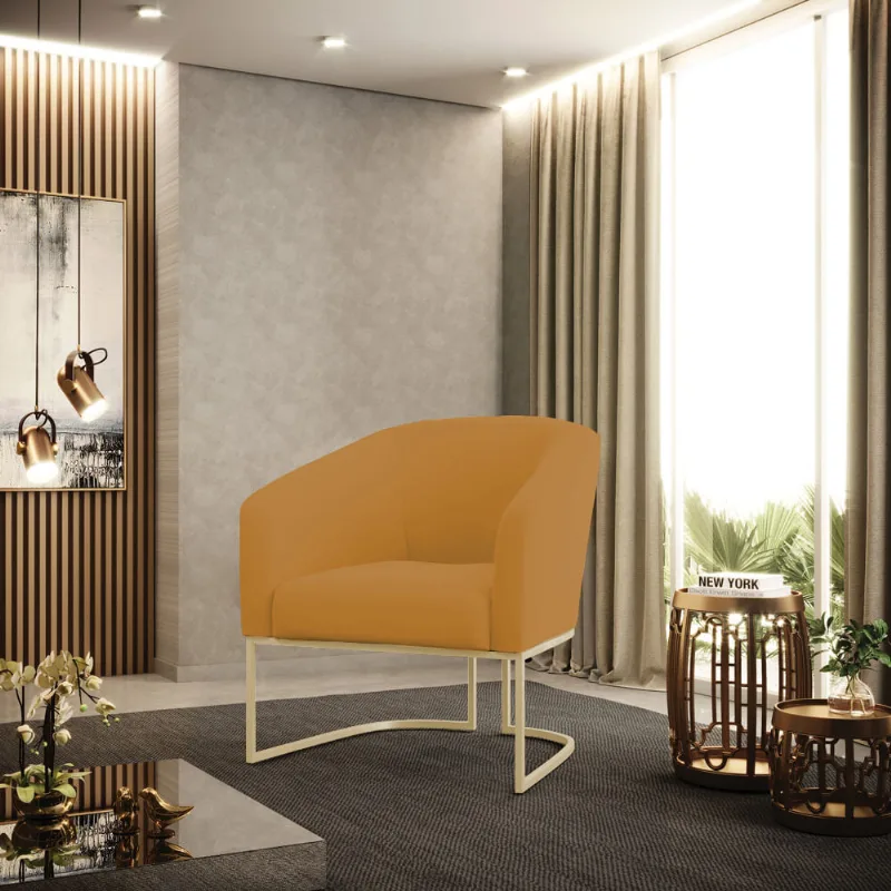 Poltrona Sala Decorativa Stella Base Industrial Champanhe Veludo Mostarda D03 - D'Rossi