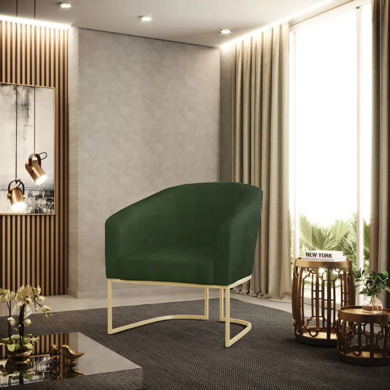 Poltrona Sala Decorativa Stella Base Industrial Champanhe Sintético PU Verde D03 - D'Rossi