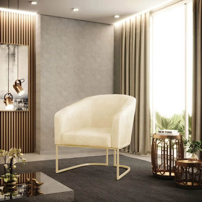 Poltrona Sala Decorativa Stella Base Industrial Champanhe Sintético PU D03 - D'Rossi Bege