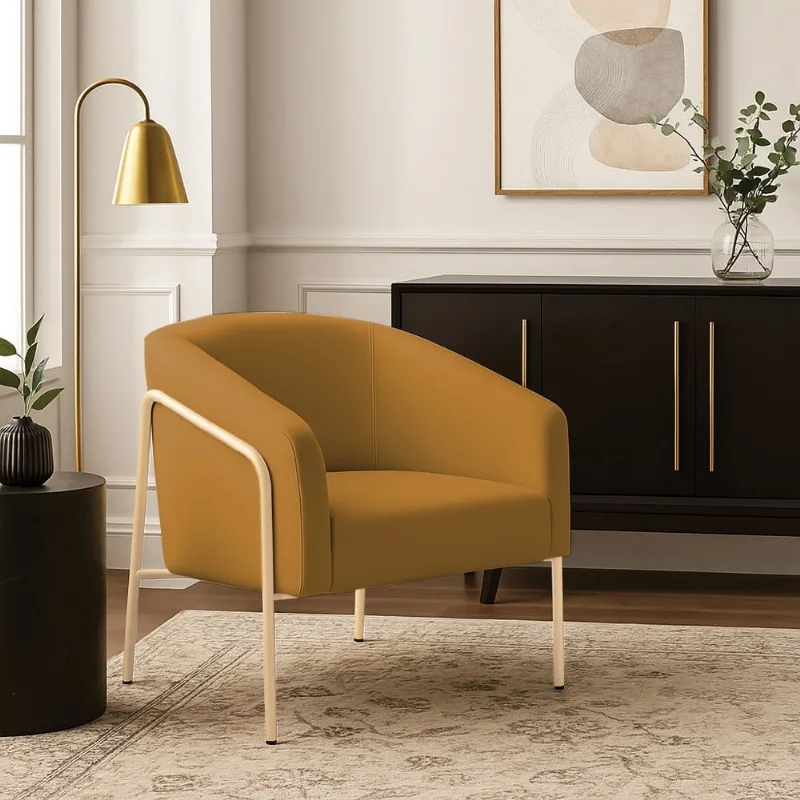 Poltrona Sala Decorativa Stella Base Alta Tubo Champanhe Veludo D03 - D'Rossi Mostarda