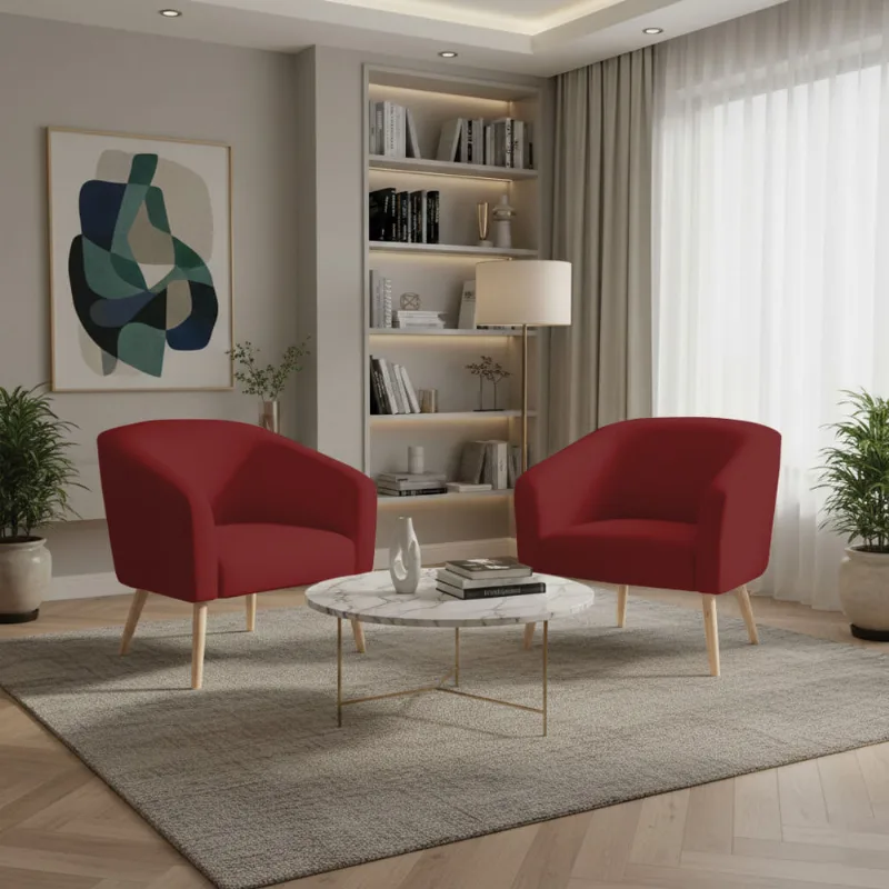 Poltrona Sala Decorativa Kit 2 Stella Pé Palito Natural Veludo Marsala D03 - D'Rossi