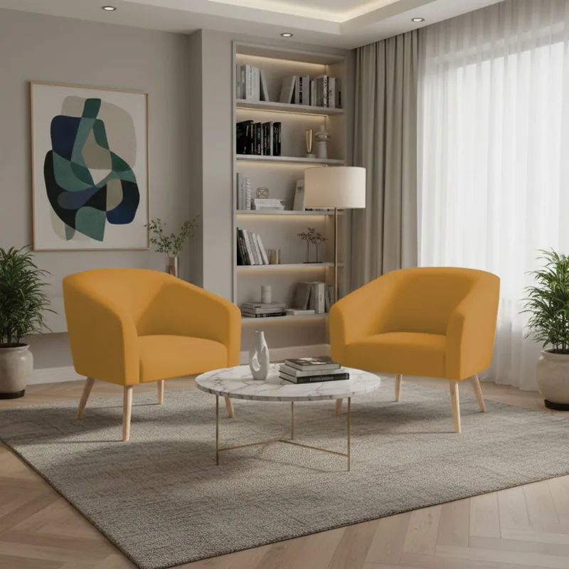 Poltrona Sala Decorativa Kit 2 Stella Pé Palito Natural Veludo Mostarda D03 - D'Rossi