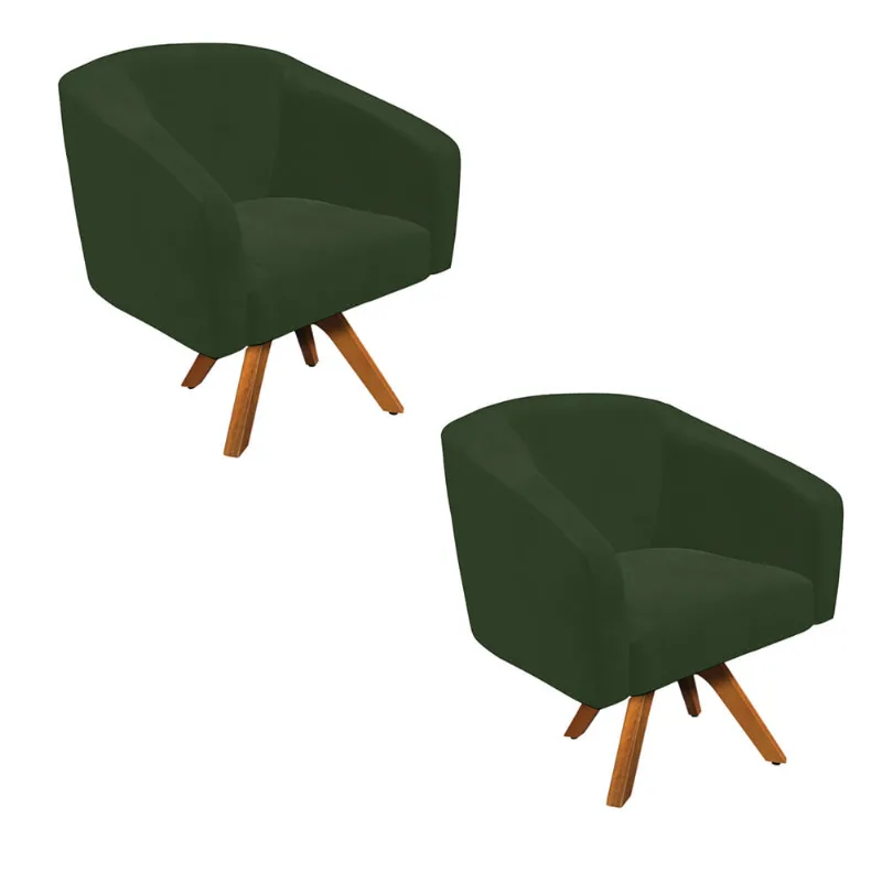 Poltrona Decorativa Kit 2 Stella Base de Madeira Giratória MM30 Sintético PU Verde D03 - D'Rossi