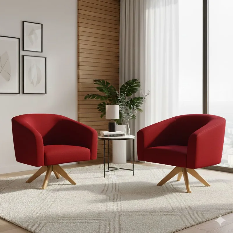 Poltrona Sala Decorativa Kit 2 Stella Base de Madeira Giratória MA30 Veludo Marsala D03 - D'Rossi
