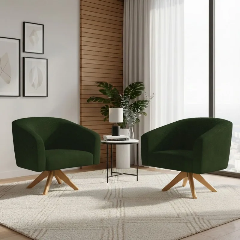 Poltrona Decorativa Kit 2 Stella Base de Madeira Giratória MA30 Sintético PU Verde D03 - D'Rossi