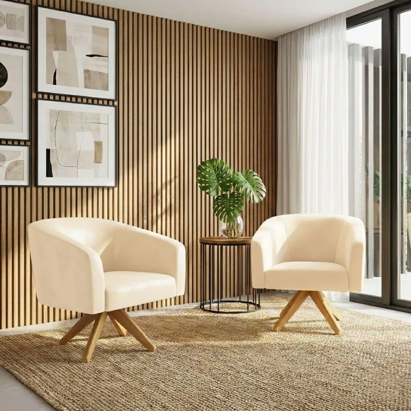 Kit 2 Poltronas Decorativas Stella Giratória Couro Sintético Bege D'Rossi