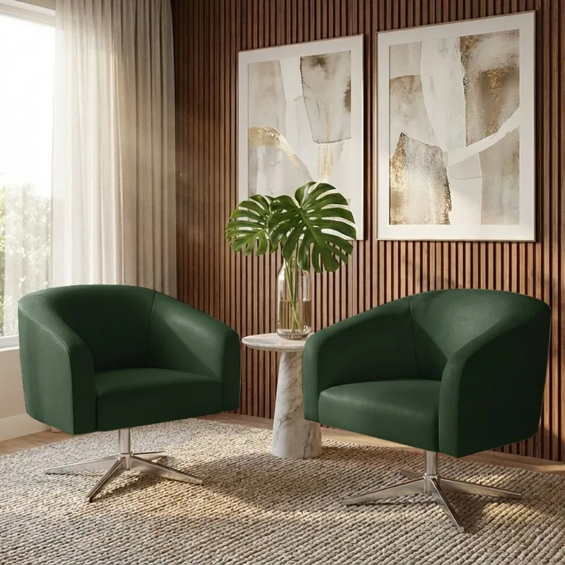Poltrona Sala Decorativa Kit 2 Stella Giratória Cromada Sintético PU Verde D03 - D'Rossi