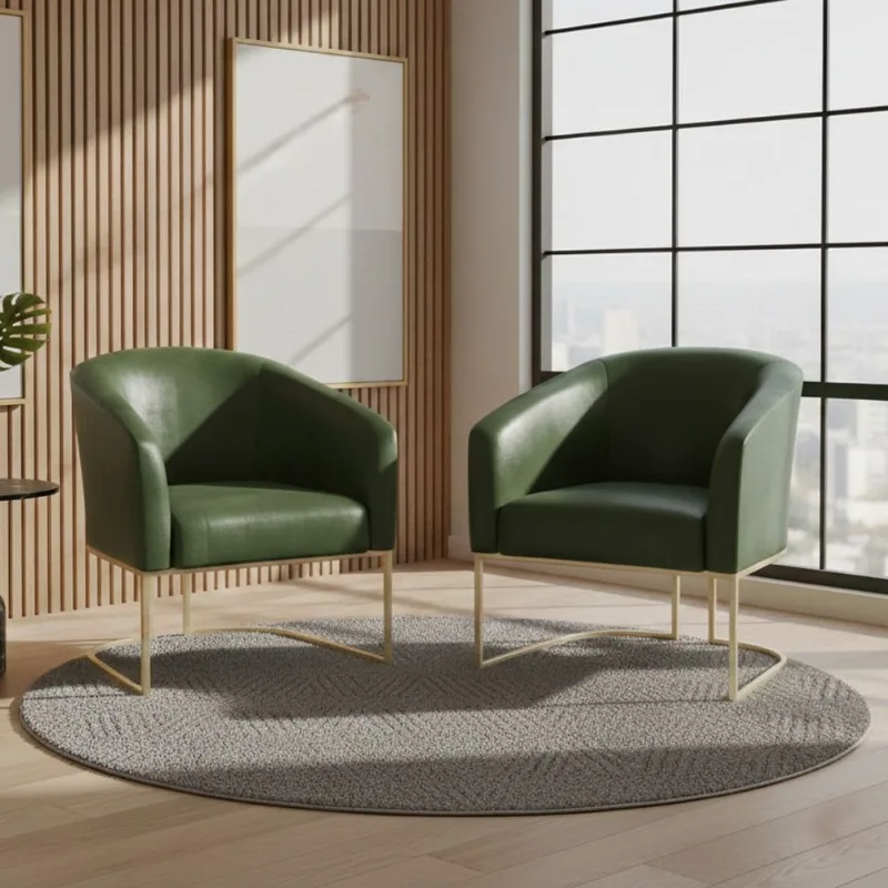 Poltrona Sala Decorativa Kit 2 Stella Base Industrial Champanhe Sintético PU D03 - D'Rossi Verde