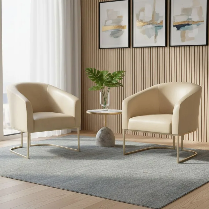 Poltrona Sala Decorativa Kit 2 Stella Base Industrial Champanhe Sintético PU D03 - D'Rossi Bege