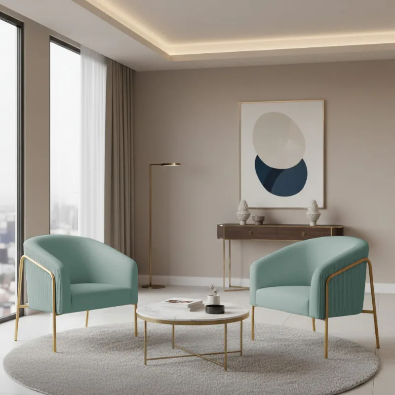 Poltrona Sala Decorativa Kit 2 Stella Base Alta Tubo Dourado Veludo Cotelê Menta D03 - D'Rossi