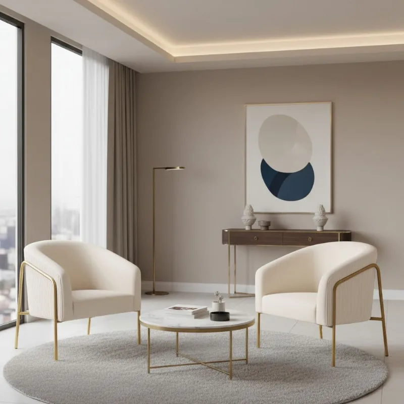 Poltrona Sala Decorativa Kit 2 Stella Base Alta Tubo Dourado Veludo Cotelê D03 - D'Rossi Off White