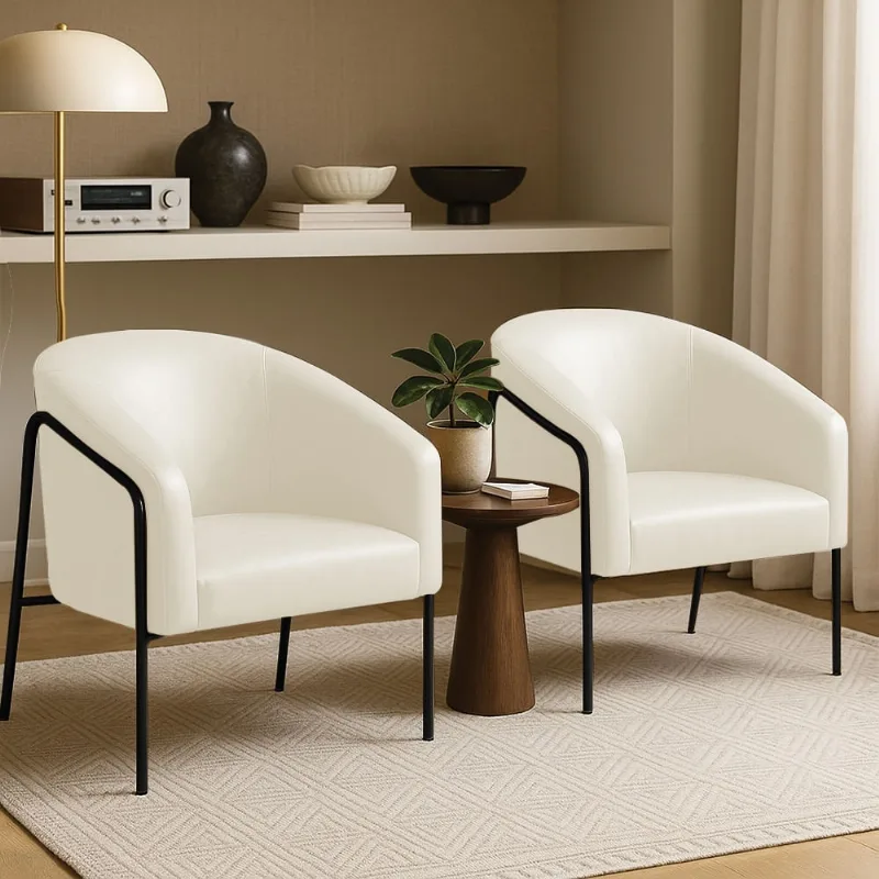 Poltrona Sala Decorativa Kit 2 Stella Base Alta Tubo Preto Sintético PU D03 - D'Rossi Bege