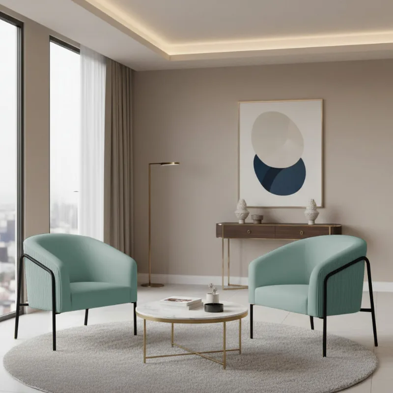 Poltrona Sala Decorativa Kit 2 Stella Base Alta Tubo Preto Veludo Cotelê Menta D03 - D'Rossi
