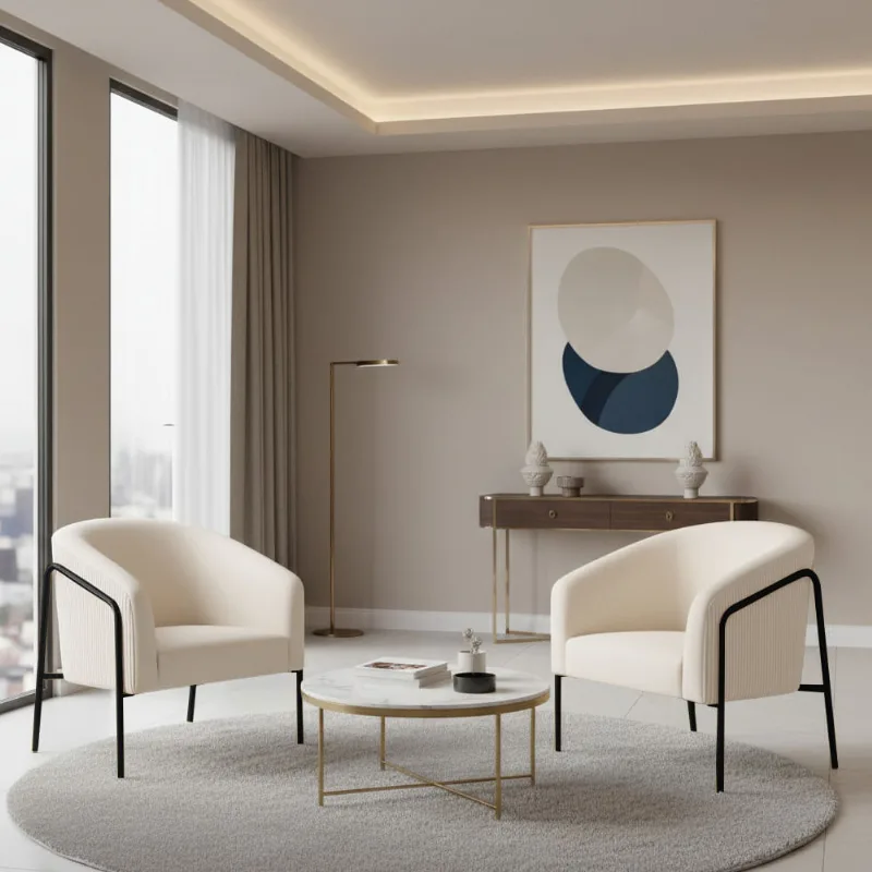 Poltrona Sala Decorativa Kit 2 Stella Base Alta Tubo Preto Veludo Cotelê D03 - D'Rossi Bege